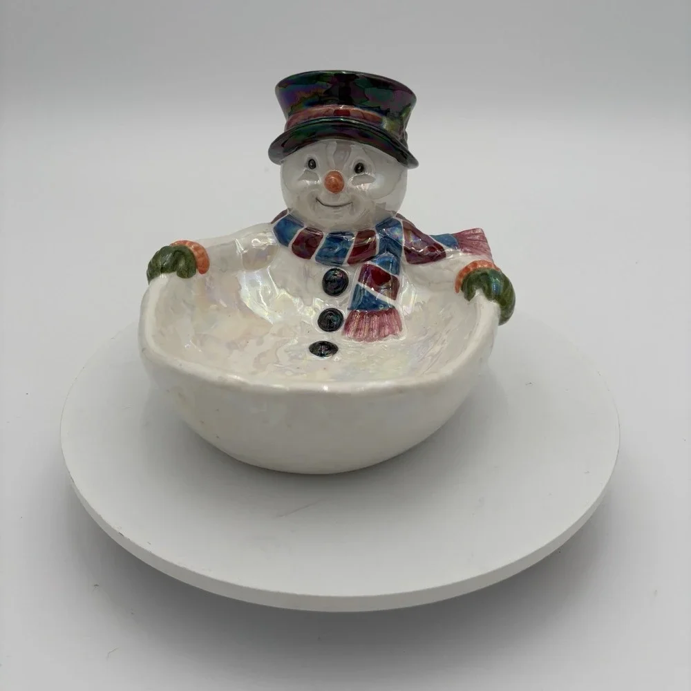 Ceramic Snowman Christmas Festive Candy Bowl Iridescent Glossy‎ Vintage